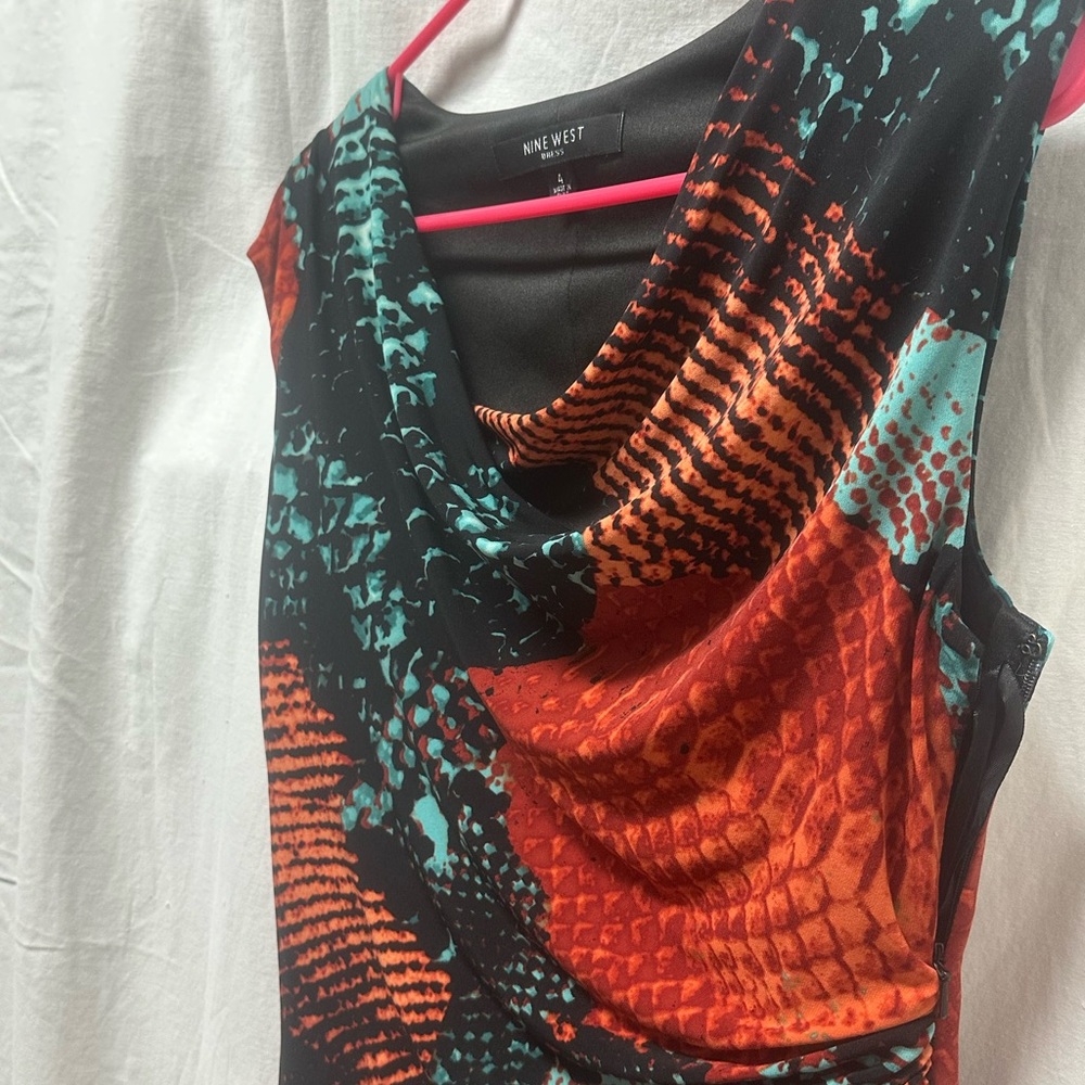 Nine West Cowl-Neck Dress in Red, Orange, Black, and Teal
